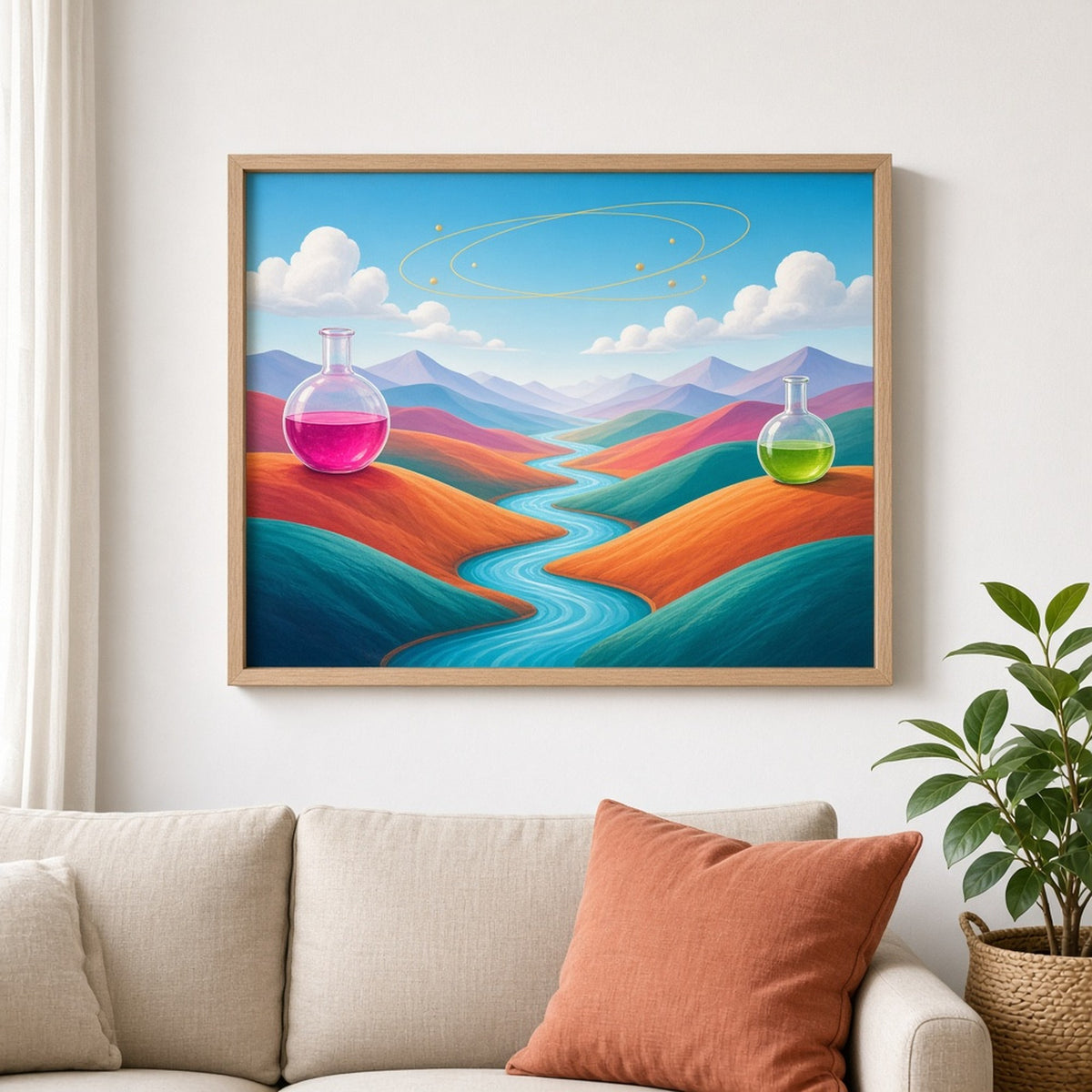 Bold colour alchemy panorama of layered teal, orange and magenta hills with a winding turquoise river, glowing magenta and lime glass flasks and golden orbit rings in a bright sky printed flat on a framed print in a living room, made with prompt #9