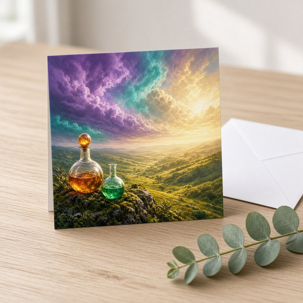 Cinematic purple and teal storm sweeping over a sunlit golden valley with glowing amber and emerald alchemy flasks on a mossy ledge printed flat on a greeting card, made with prompt #46