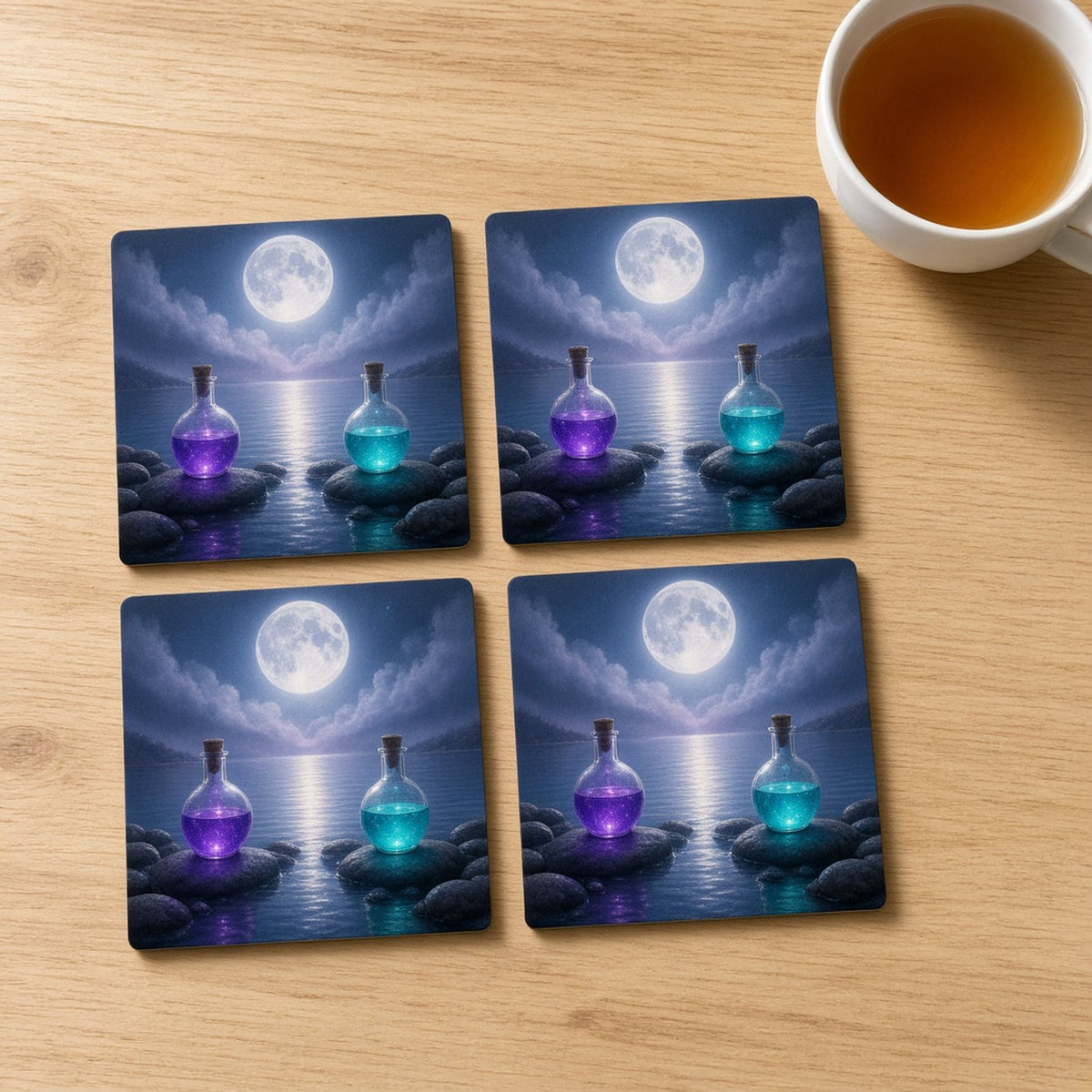 Moonlit lake with silver mist, a full moon reflection and glowing violet and turquoise glass flasks on lakeside stones printed flat on a set of 4 coasters, made with prompt #84