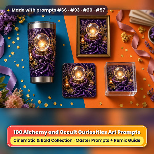 Alchemy and Occult Curiosities, Cinematic & Bold Collection: realistic UV-printed mockup, made with prompts #66 · #93 · #20 · #57