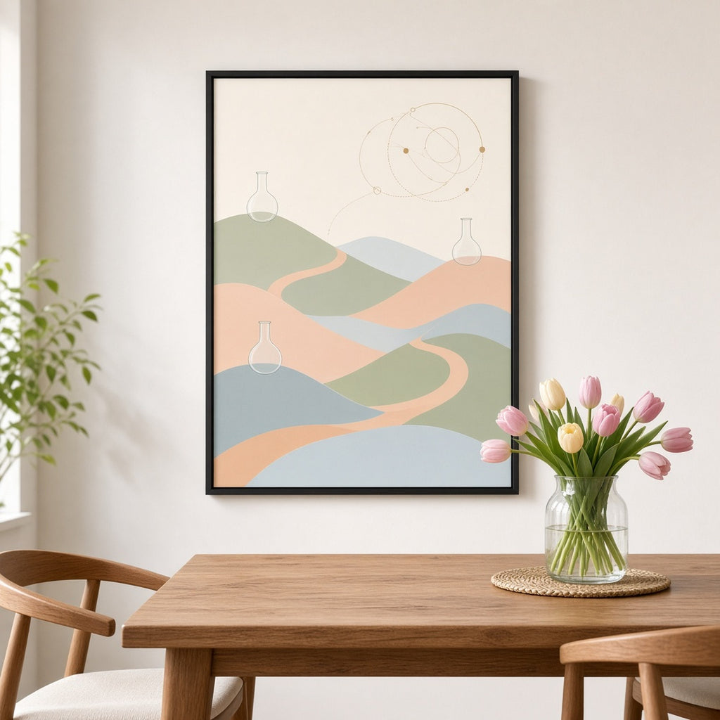 Modern minimal alchemy panorama of layered sage, peach and dusty blue hills with curving pathways, simple glass flasks on the hilltops and a fine gold orrery in a pale sky printed flat on a framed print in a dining room, made with prompt #9