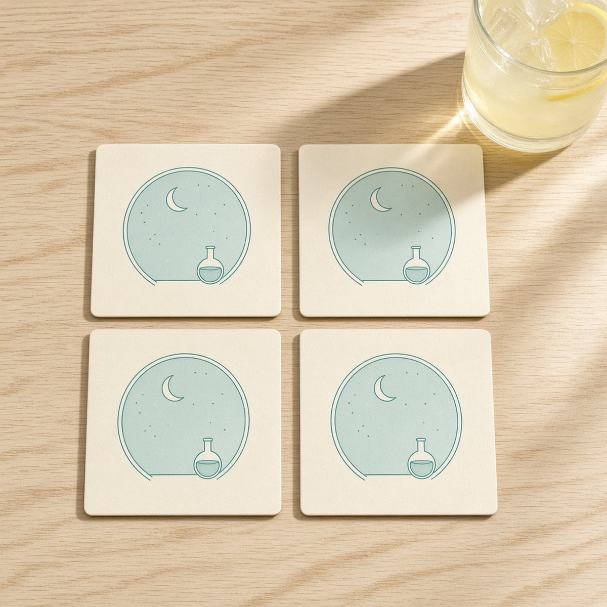 Monochrome teal line-art round moon-gate portal opening onto a starry sky with a crescent moon and a small glass flask printed flat on a set of 4 coasters, made with prompt #21
