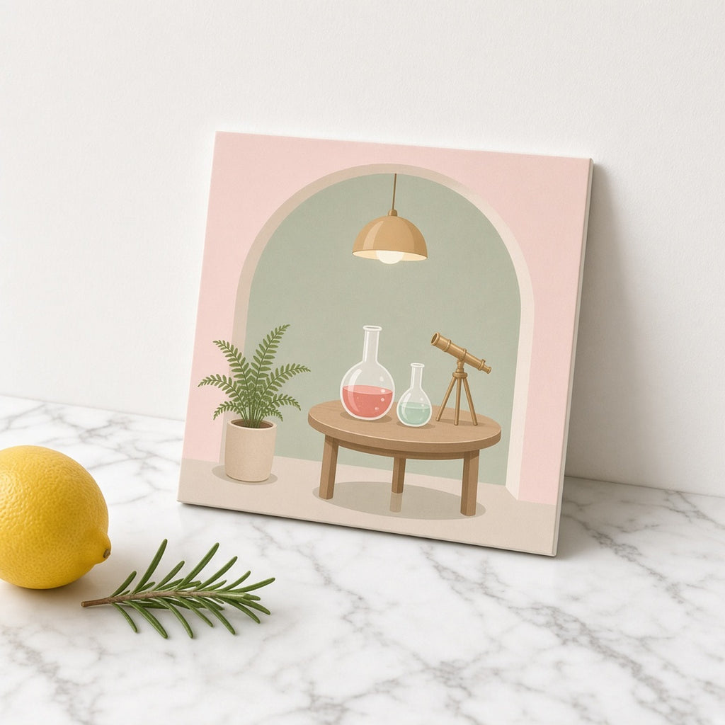 Modern minimal hidden alchemist's room through a rounded archway with a round table, coral and mint glass flasks, a brass telescope, a potted fern and a glowing dome lamp printed flat on a ceramic tile, made with prompt #2