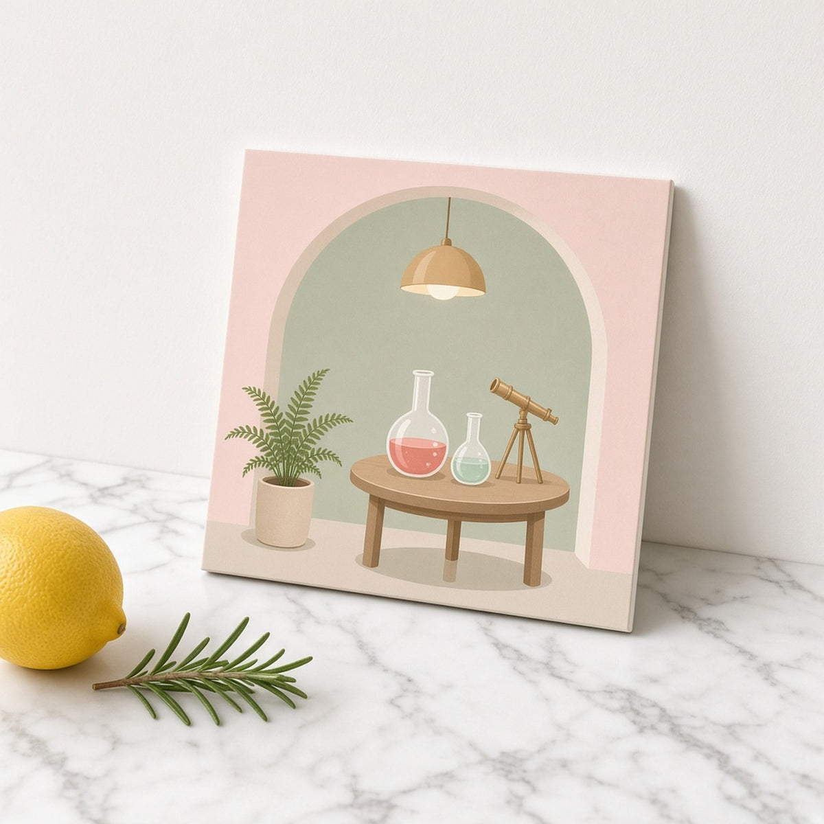 Modern minimal hidden alchemist's room through a rounded archway with a round table, coral and mint glass flasks, a brass telescope, a potted fern and a glowing dome lamp printed flat on a ceramic tile, made with prompt #2