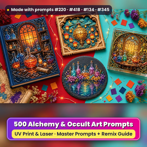 500 Alchemy Art Prompts Library: Made with prompts #220 · #418 · #134 · #345 – realistic UV-printed mockup