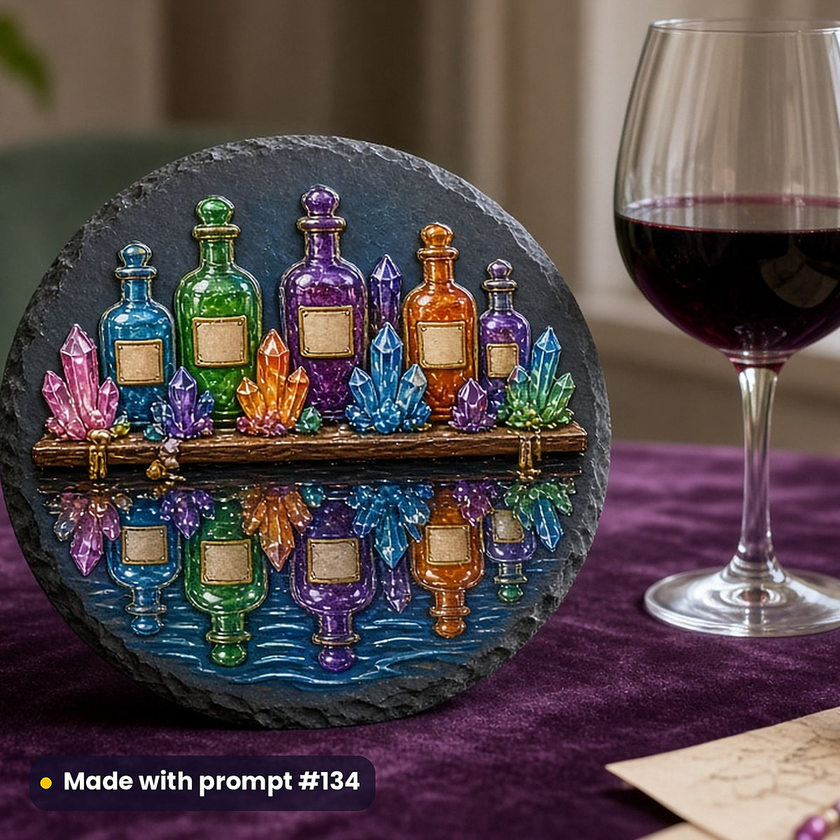500 Alchemy Art Prompts Library: Made with prompt #134 – realistic UV-printed mockup (Playful Whimsical — Reflective Water)