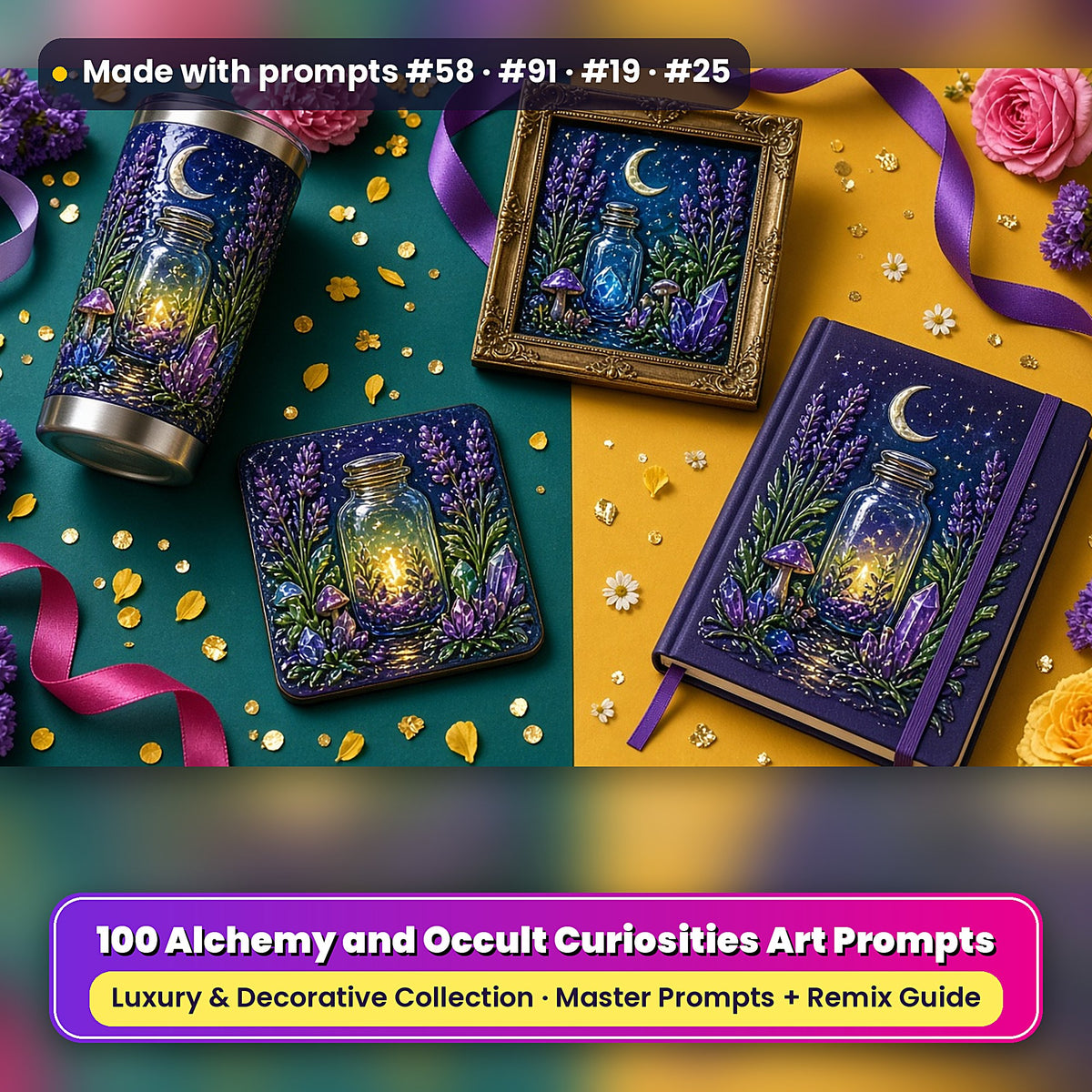 Alchemy and Occult Curiosities, Luxury & Decorative Collection: realistic UV-printed mockup, made with prompts #58 · #91 · #19 · #25
