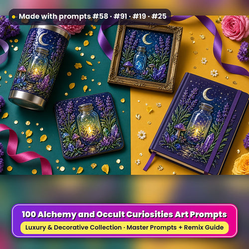 Alchemy and Occult Curiosities, Luxury & Decorative Collection: realistic UV-printed mockup, made with prompts #58 · #91 · #19 · #25