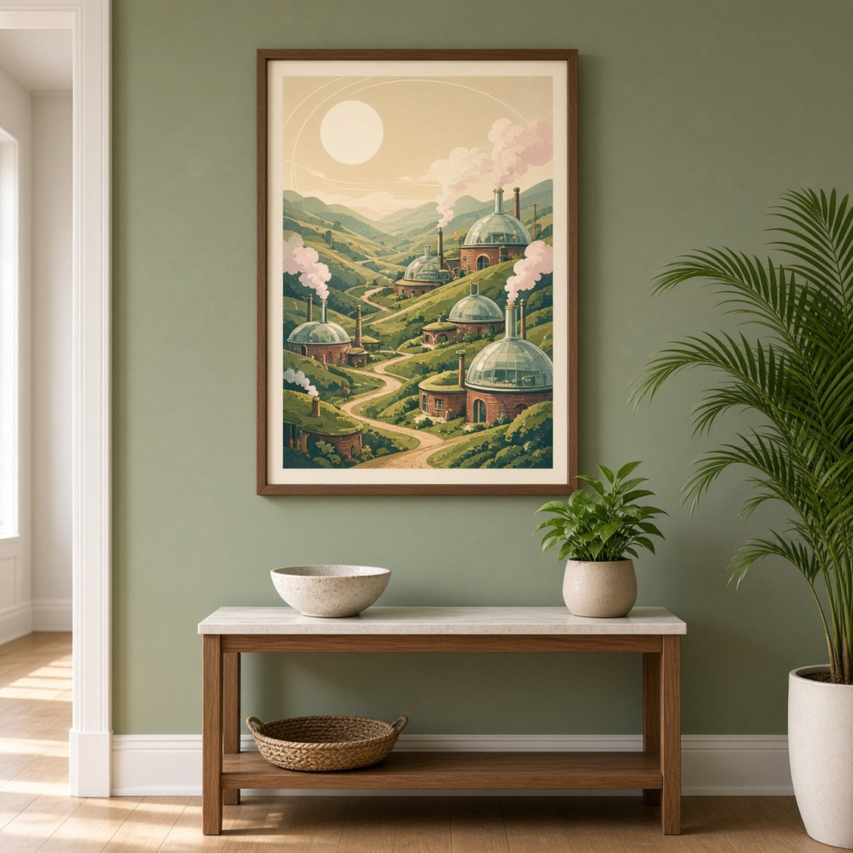 Vintage retro alchemy panorama of terraced green valleys with winding roads, glass-domed brick workshops puffing pastel pink steam and a pale moon in a cream sky printed flat on a framed print in a hallway, made with prompt #9