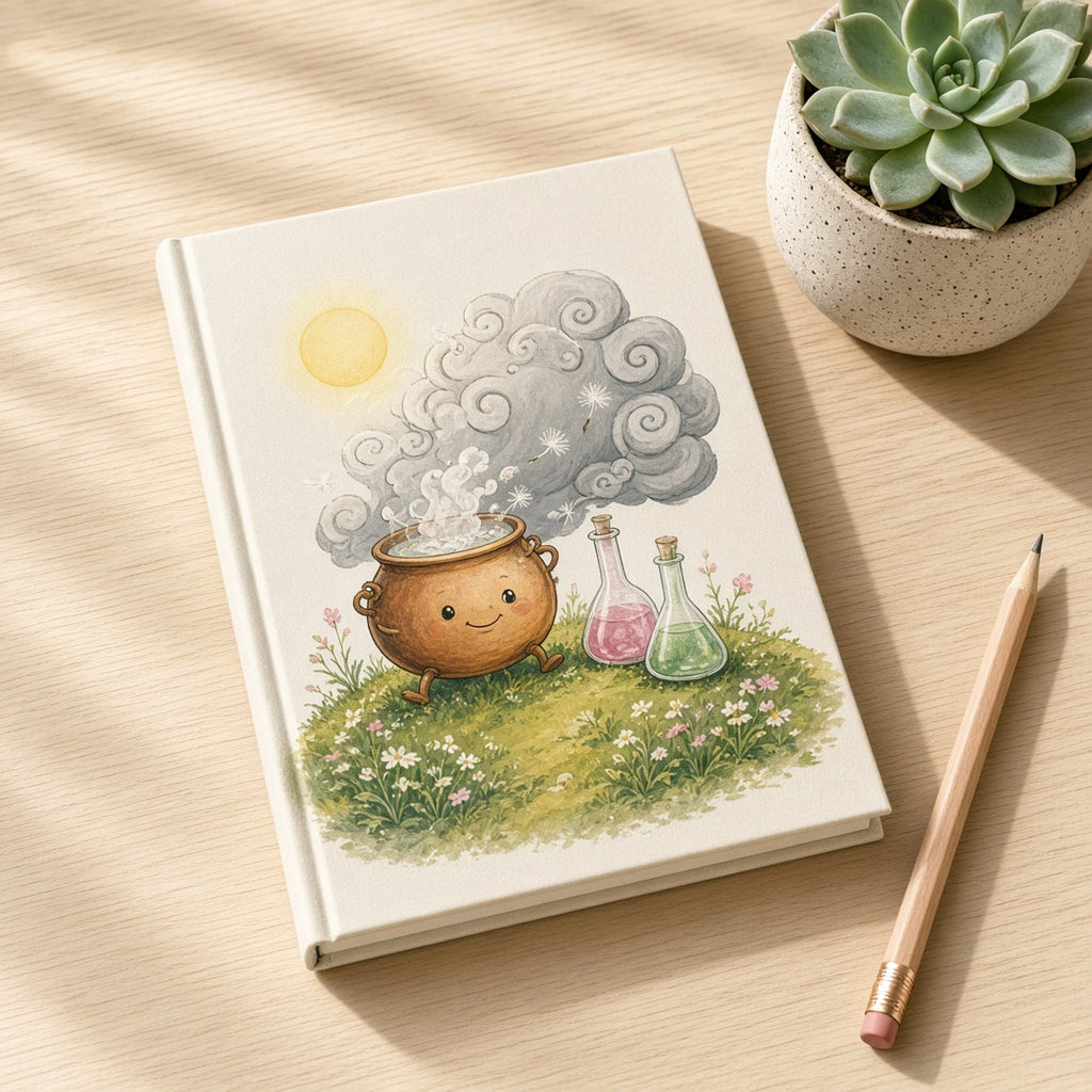 Playful whimsical smiling copper cauldron and pink and green potion flasks on a flowery hilltop as a swirly grey storm cloud rolls in printed flat on a notebook cover, made with prompt #46