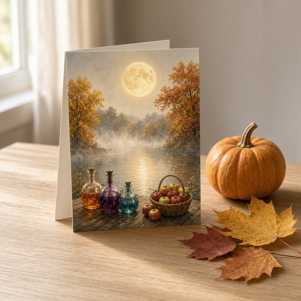 Autumn moonlit lake with a glowing harvest moon, silver mist, golden trees and amber, plum and teal potion flasks beside a basket of apples on a jetty printed flat on a greeting card, made with prompt #84