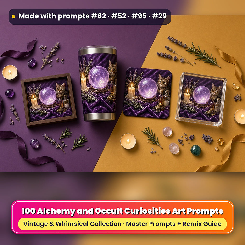 Alchemy and Occult Curiosities, Vintage & Whimsical Collection: realistic UV-printed mockup, made with prompts #62 · #52 · #95 · #29