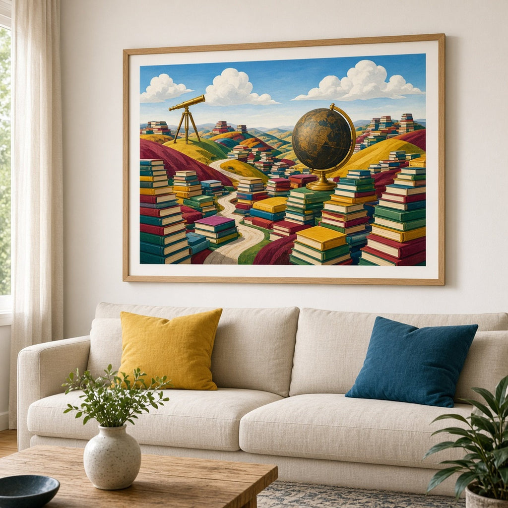 Bold colour dark academia panorama of rolling burgundy and mustard hills with winding roads, towering stacks of plain coloured books, a giant antique globe and a brass telescope under a bright sky printed flat on a framed print in a living room, made with prompt #9