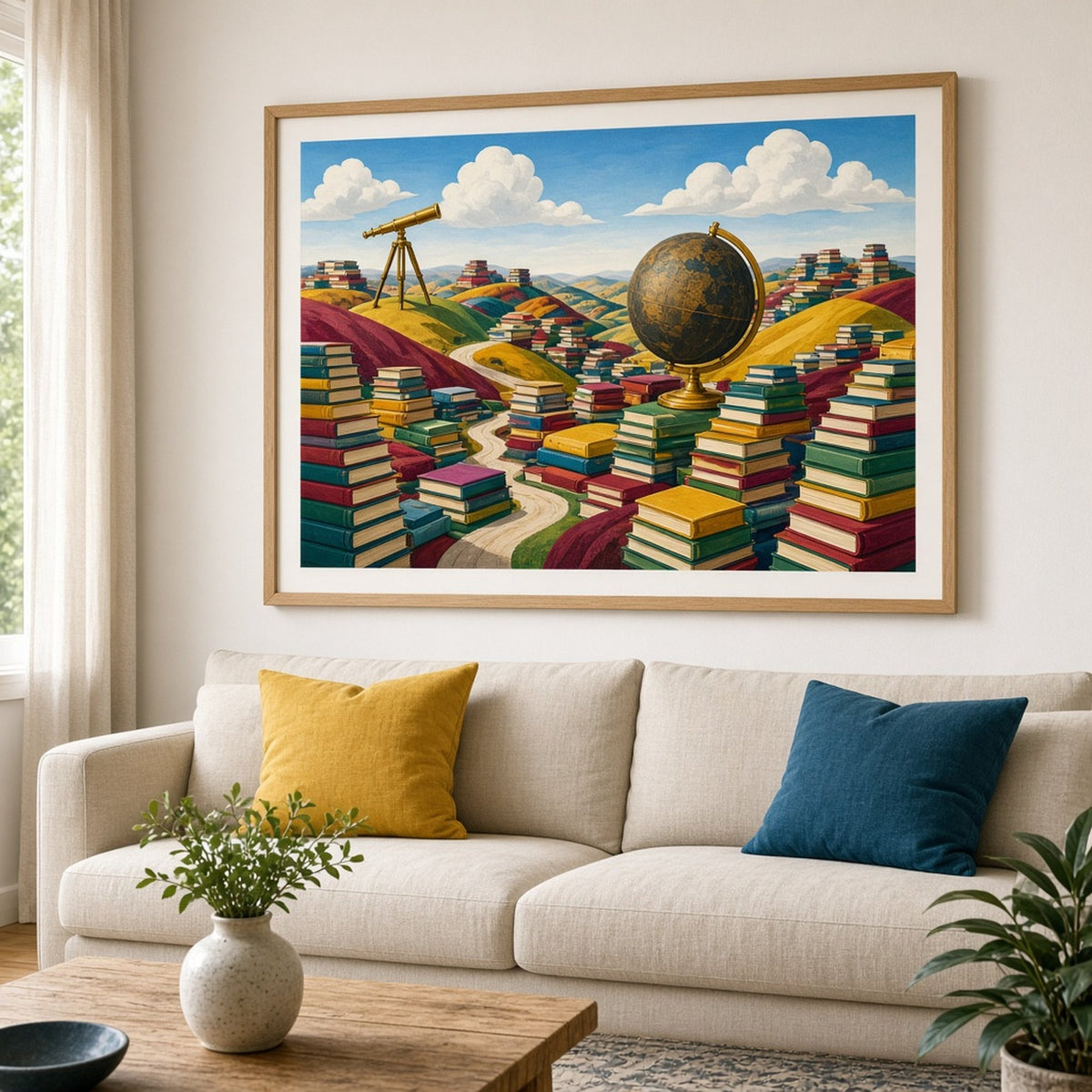 Bold colour dark academia panorama of rolling burgundy and mustard hills with winding roads, towering stacks of plain coloured books, a giant antique globe and a brass telescope under a bright sky printed flat on a framed print in a living room, made with prompt #9