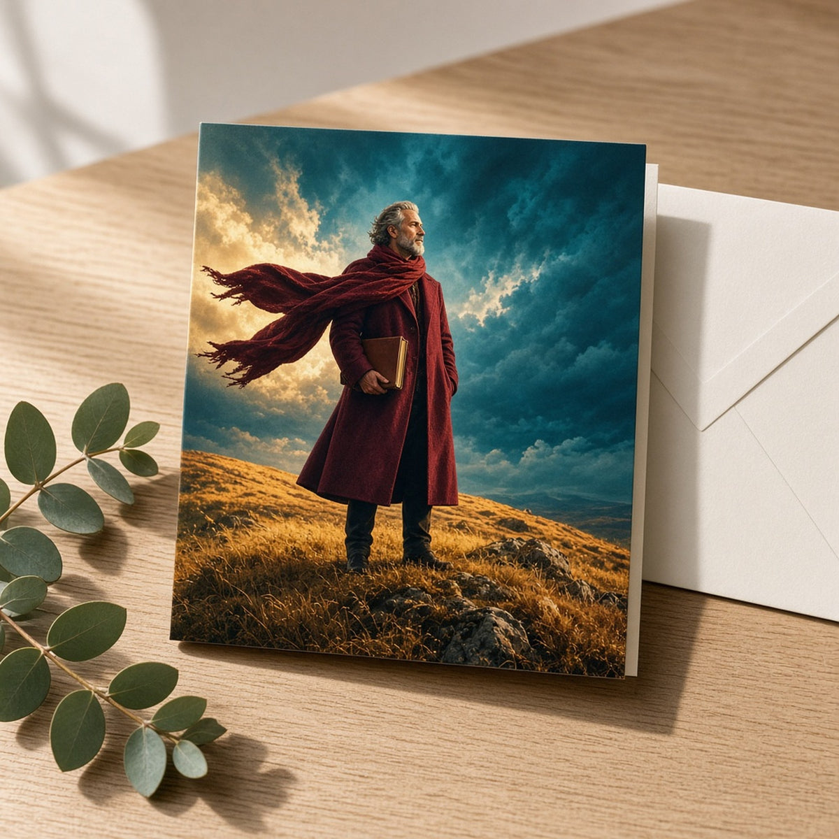 Cinematic grey-bearded adult scholar in a burgundy coat and windswept scarf holding a book on a golden hilltop as a teal storm front approaches printed flat on a greeting card, made with prompt #46
