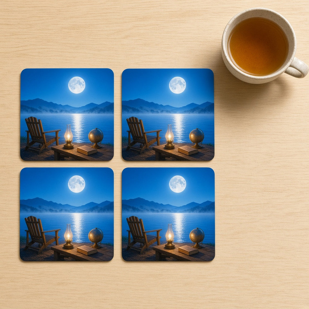 Moonlit sapphire lake with a bright full moon reflection and soft mist, a wooden chair, glowing oil lamp, brass globe and plain book on the shore printed flat on a set of 4 coasters, made with prompt #84
