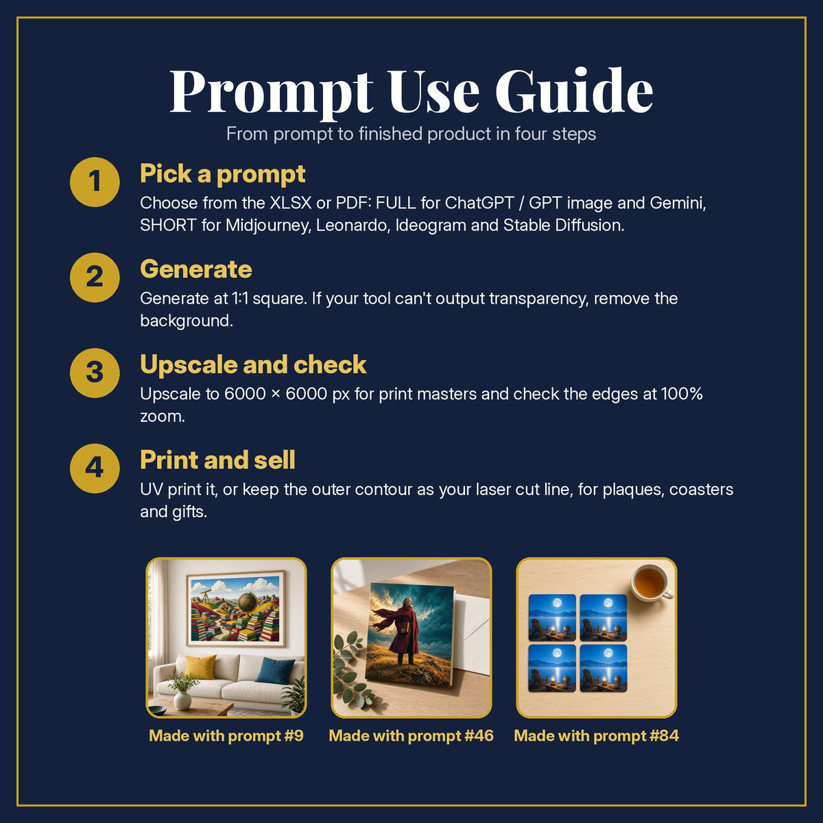 Prompt Use Guide for the Dark Academia, Cinematic & Bold Collection: pick a prompt, generate, upscale and check, print and sell, with sample products made with the pack's prompts