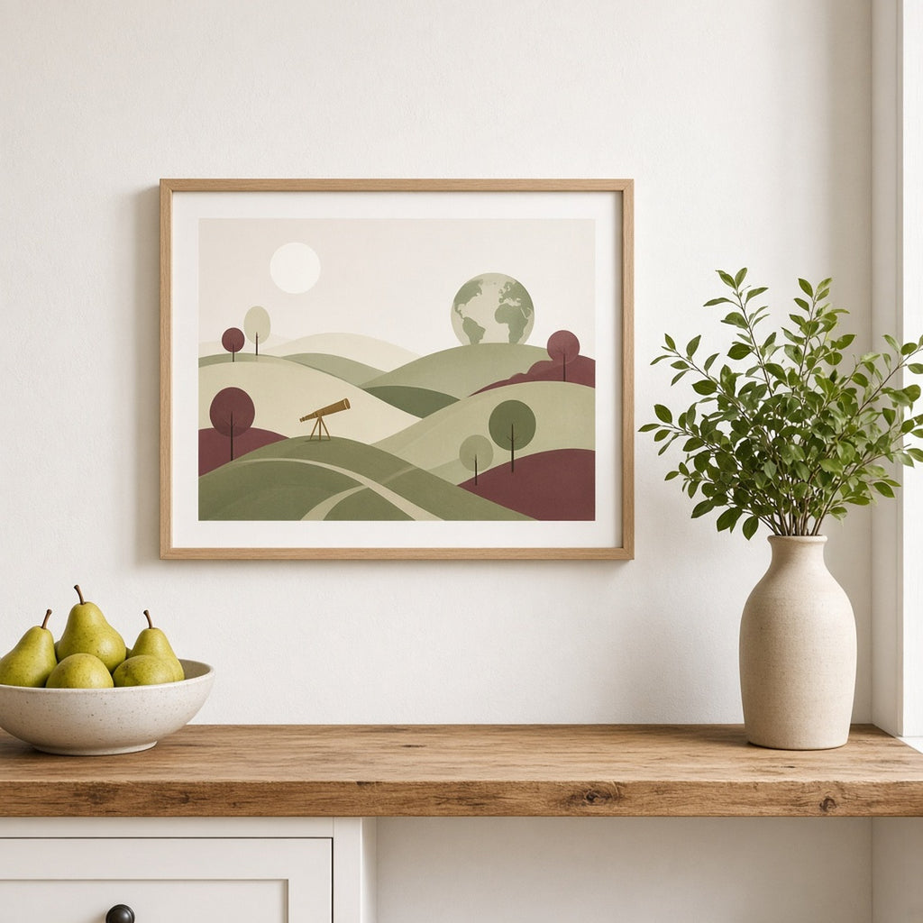 Modern minimal dark academia panorama of layered olive, cream and burgundy hills with curving footpaths, round trees, a little brass telescope and a giant globe on the hills printed flat on a framed print in a farmhouse kitchen, made with prompt #9
