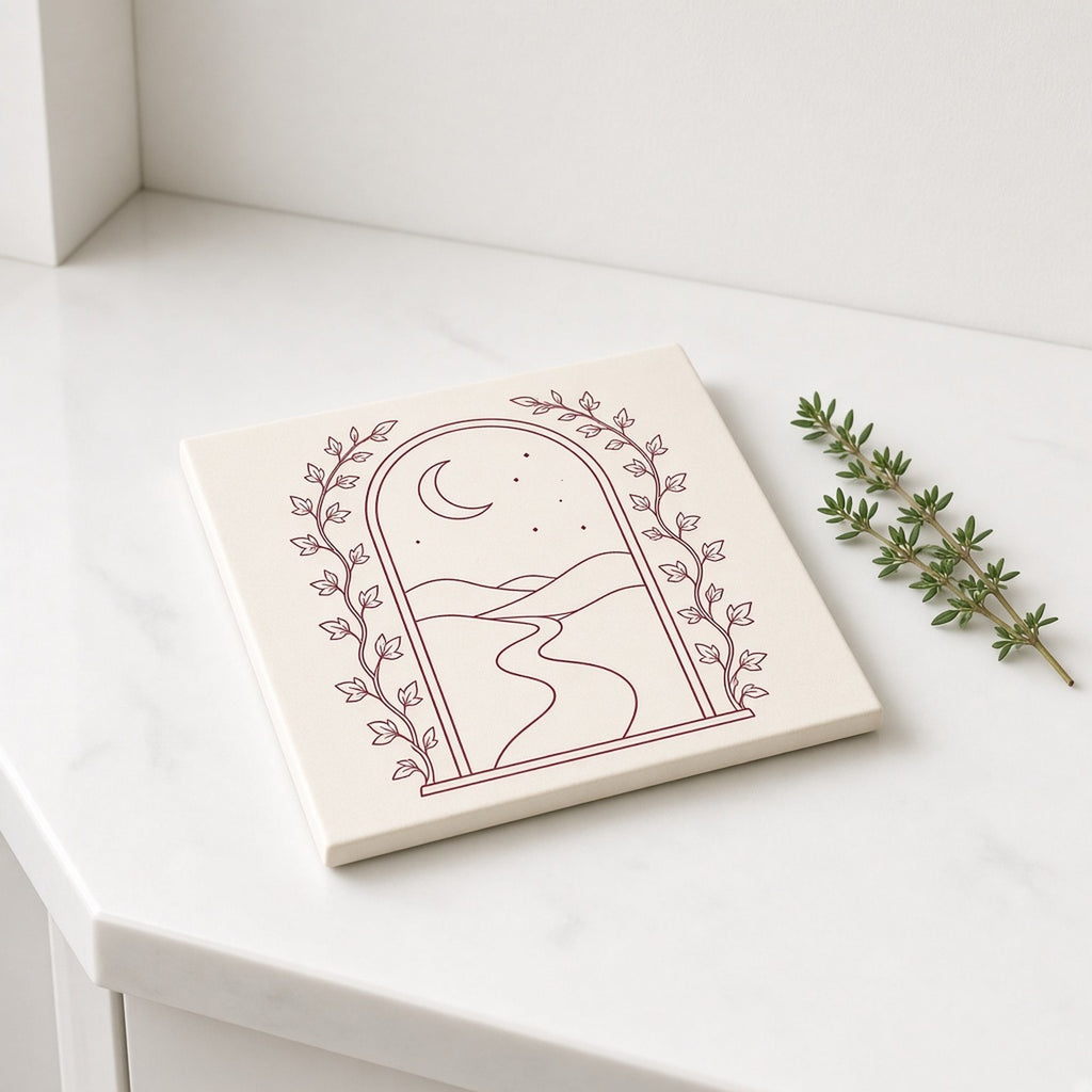 Monochrome burgundy line-art rounded archway gateway wrapped in leaf vines opening onto rolling hills, a winding path and a crescent moon printed flat on a ceramic tile, made with prompt #21