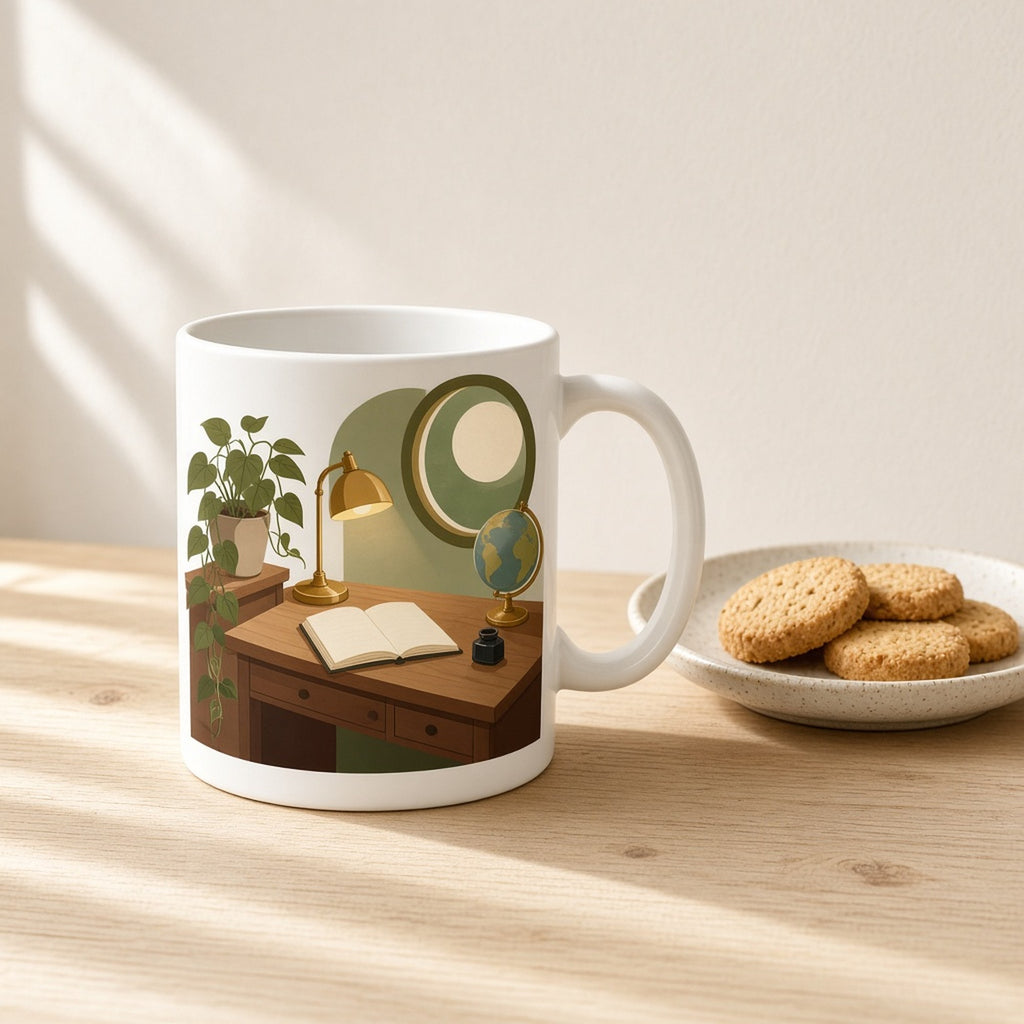 Modern minimal hidden study nook with a wooden writing desk, glowing brass lamp, small globe, open blank notebook, ink pot, trailing plant and round moon window printed flat on a mug, made with prompt #2