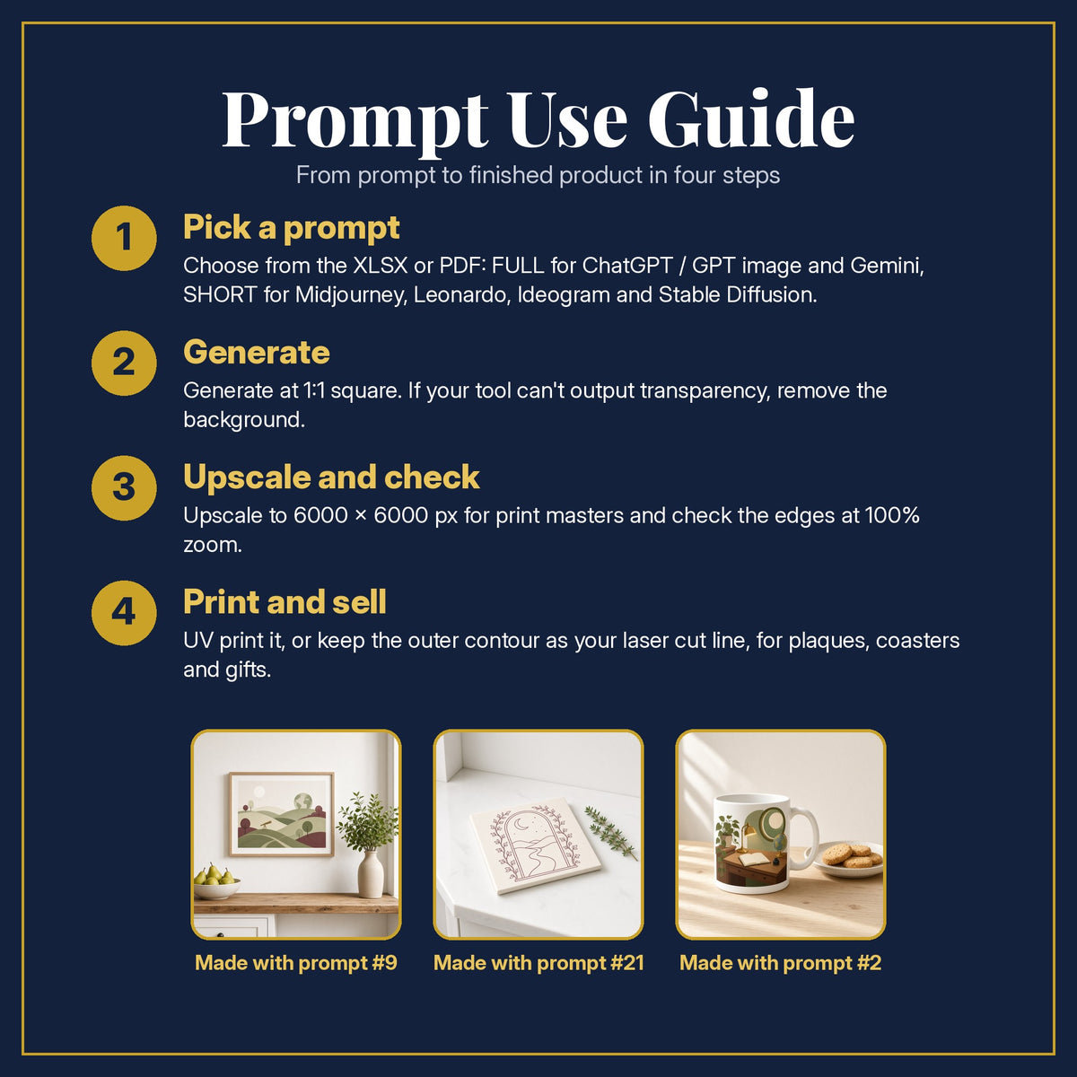 Prompt Use Guide for the Dark Academia, Clean & Graphic Collection: pick a prompt, generate, upscale and check, print and sell, with sample products made with the pack's prompts