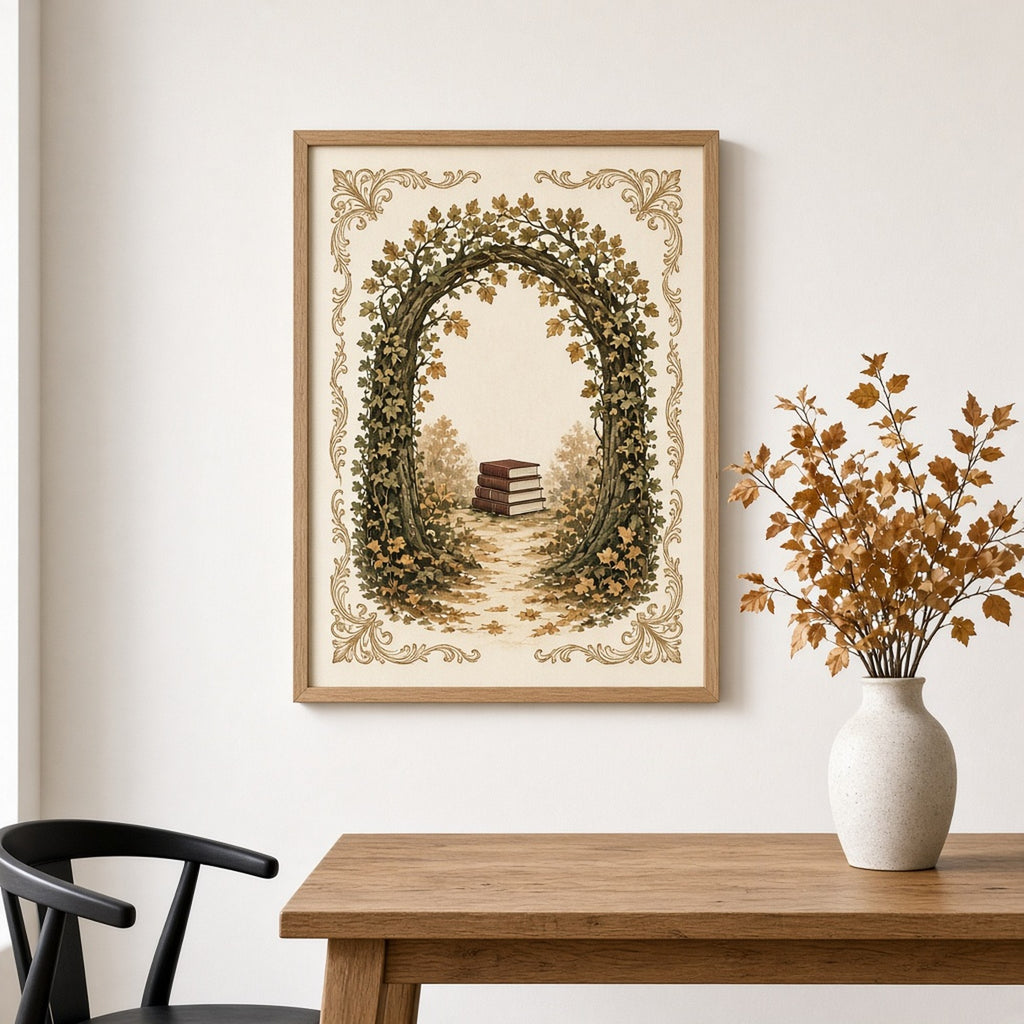 Luxury dark academia archway of two ivy-wrapped oak trees meeting overhead, opening onto an autumn path with a stack of plain books, inside a scrolling leaf border printed flat on a framed print in a dining room, made with prompt #41