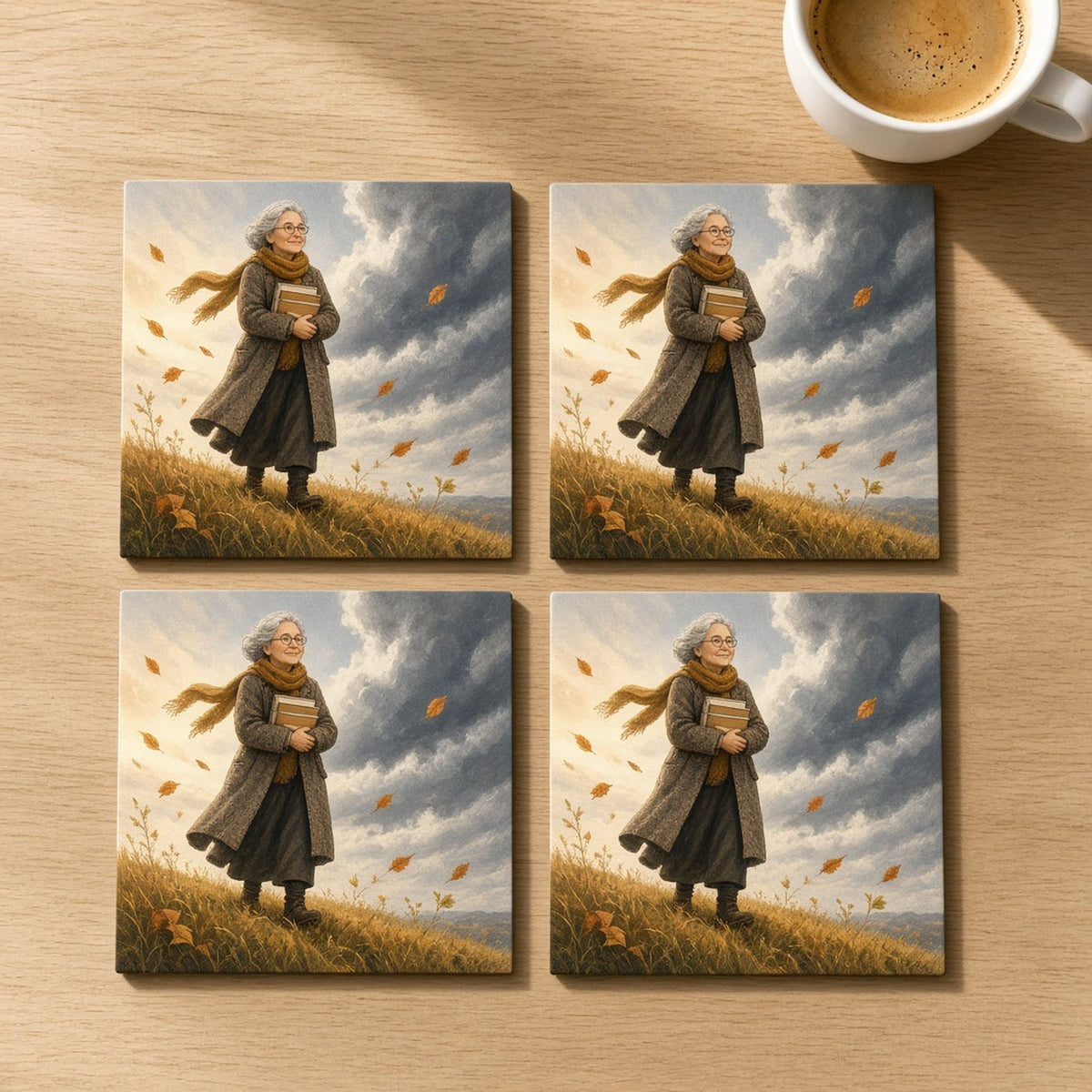 Illustrated silver-haired adult woman professor in spectacles, tweed coat and mustard scarf hugging books on an autumn hill as a storm approaches printed flat on a set of 4 coasters, made with prompt #226