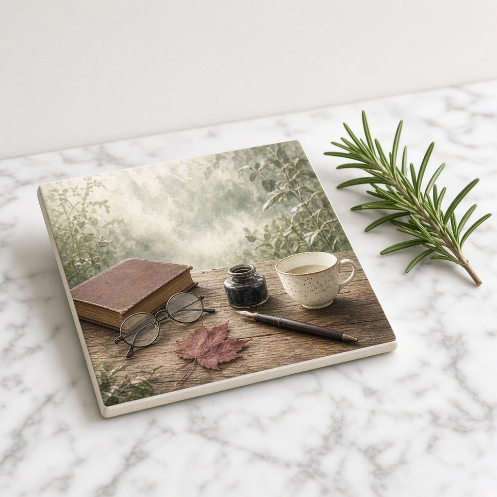 Soft morning mist half revealing scholarly keepsakes on a wooden garden table, a plain leather book, round spectacles, a fountain pen, an ink pot, a pressed leaf and a teacup printed flat on a ceramic tile, made with prompt #416