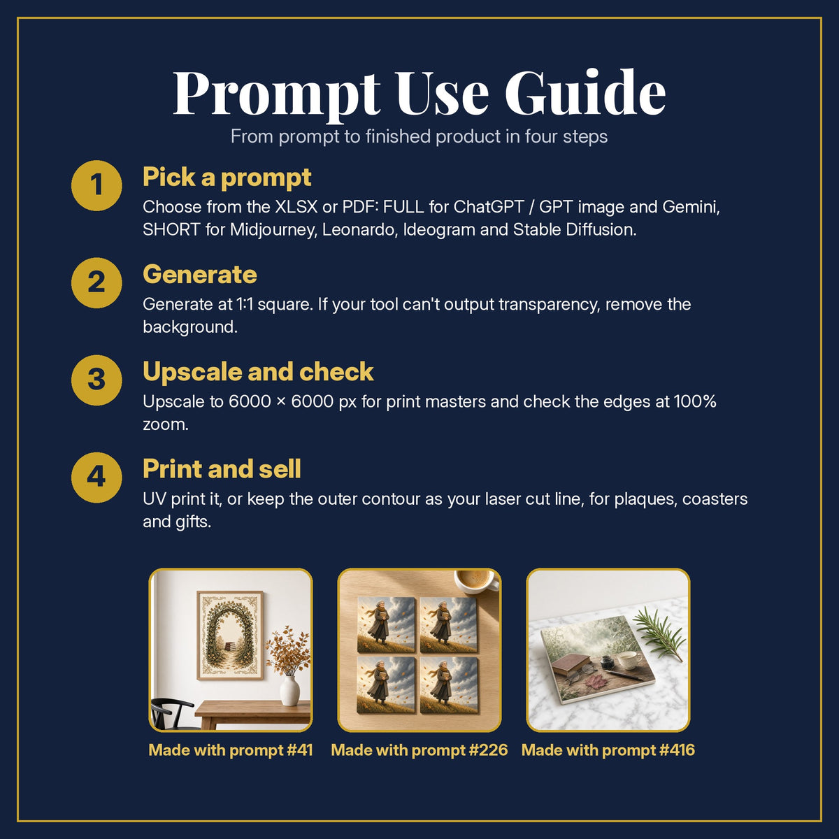 Prompt Use Guide for the Dark Academia Complete Library: pick a prompt, generate, upscale and check, print and sell, with sample products made with the pack's prompts