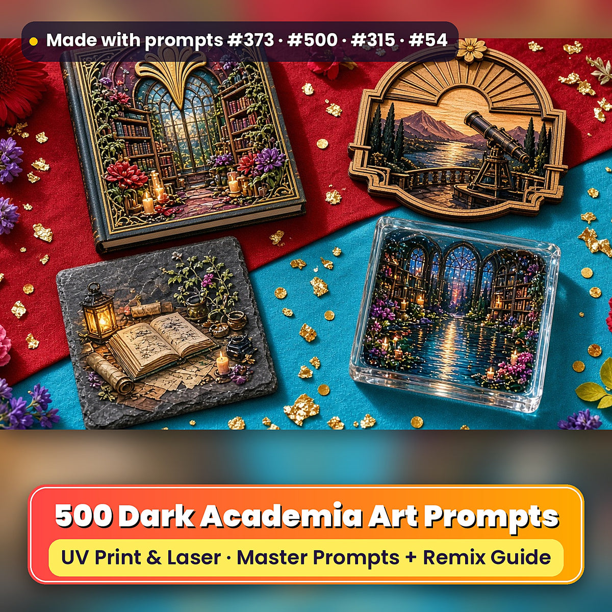 500 Dark Academia Art Prompts Library: Made with prompts #373 · #500 · #315 · #54 – realistic UV-printed mockup