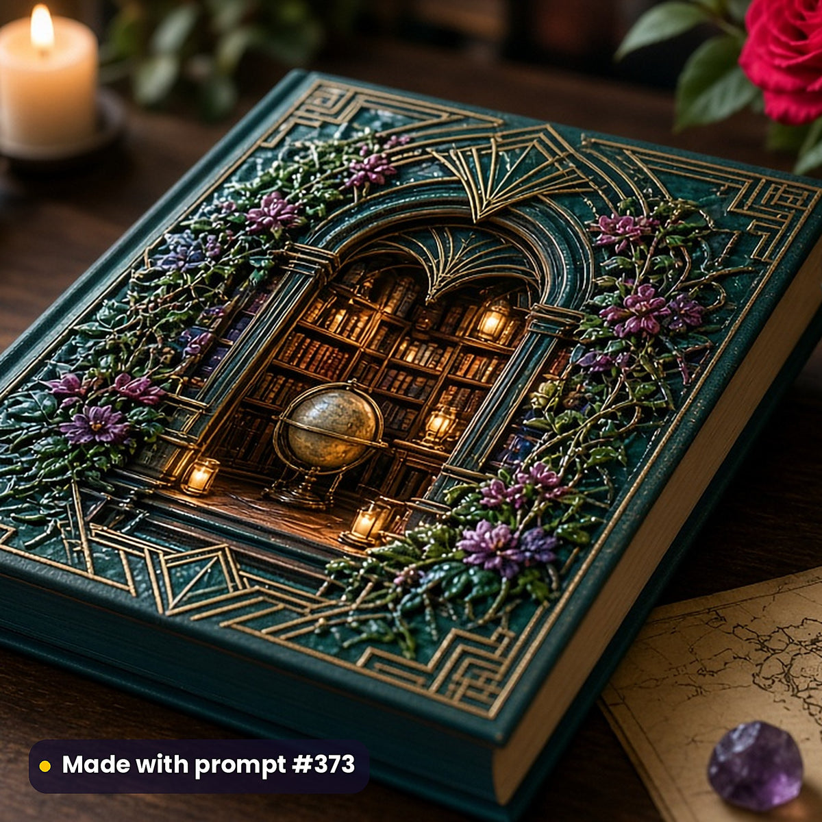 500 Dark Academia Art Prompts Library: Made with prompt #373 – realistic UV-printed mockup (Art Deco — Nature Reclaimed)