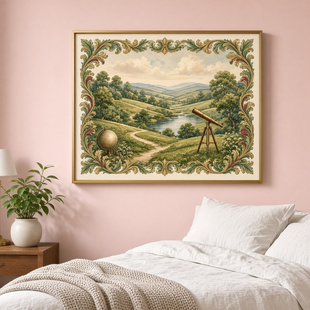 Luxury decorative dark academia panorama of rolling green meadows with a winding river and gravel path, an antique brass globe and telescope on a grassy knoll inside an ornate acanthus leaf border printed flat on a framed print in a bedroom, made with prompt #9