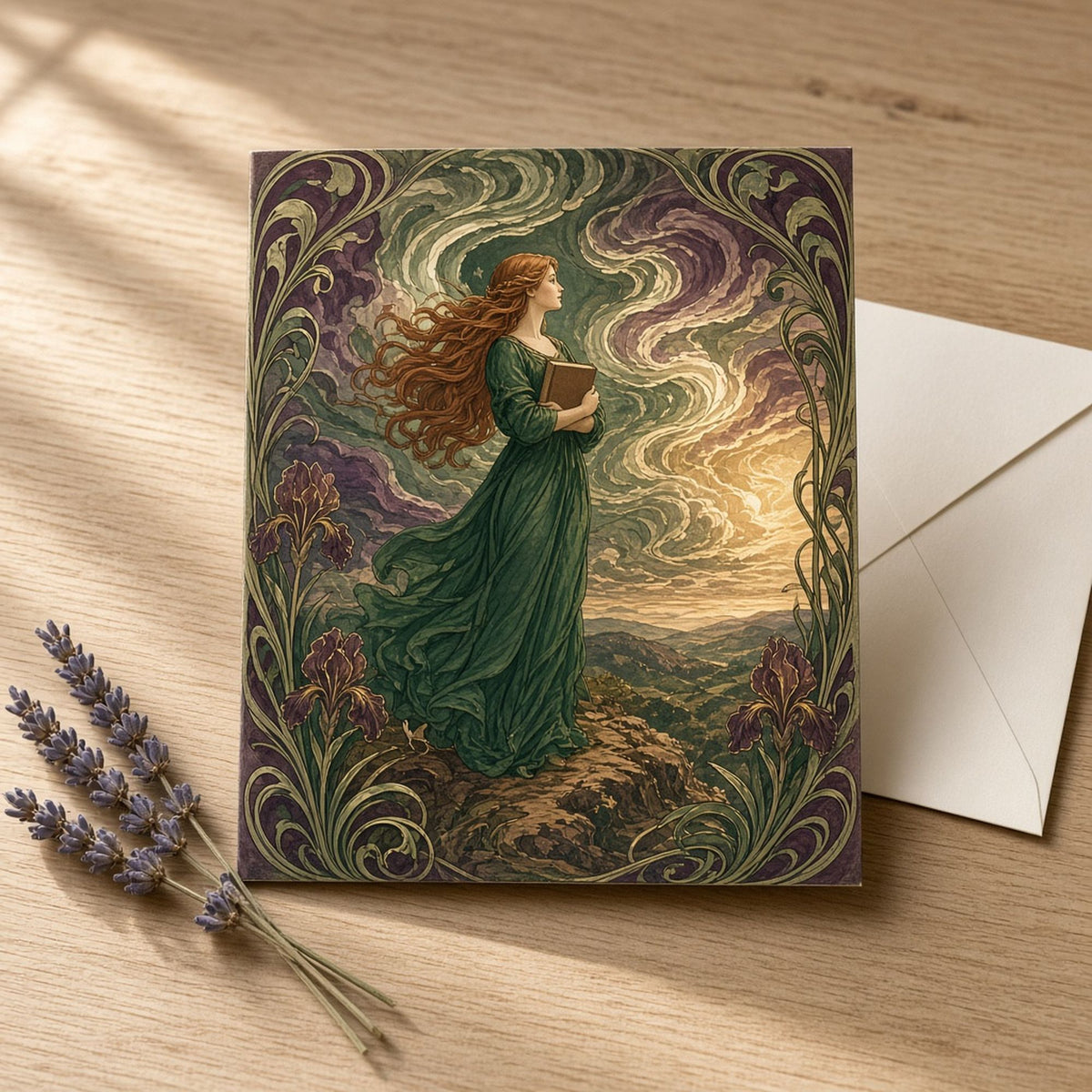 Art Nouveau adult woman scholar with flowing auburn hair holding a book on a hilltop as a swirling storm sky approaches, framed by iris and vine ornament printed flat on a greeting card, made with prompt #46
