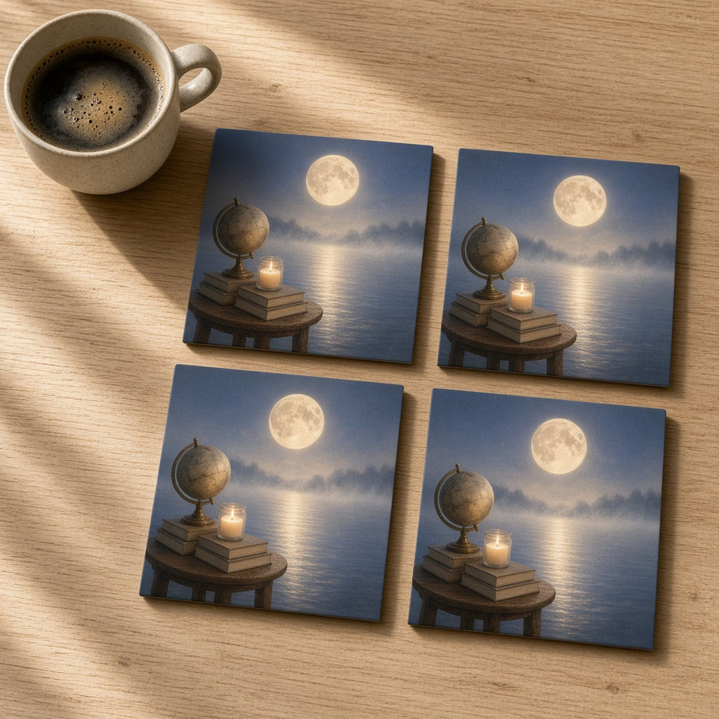 Moonlit lake with a pale-gold full moon and silver mist, an antique globe, a glowing candle and plain books on a small round table printed flat on a set of 4 coasters, made with prompt #84