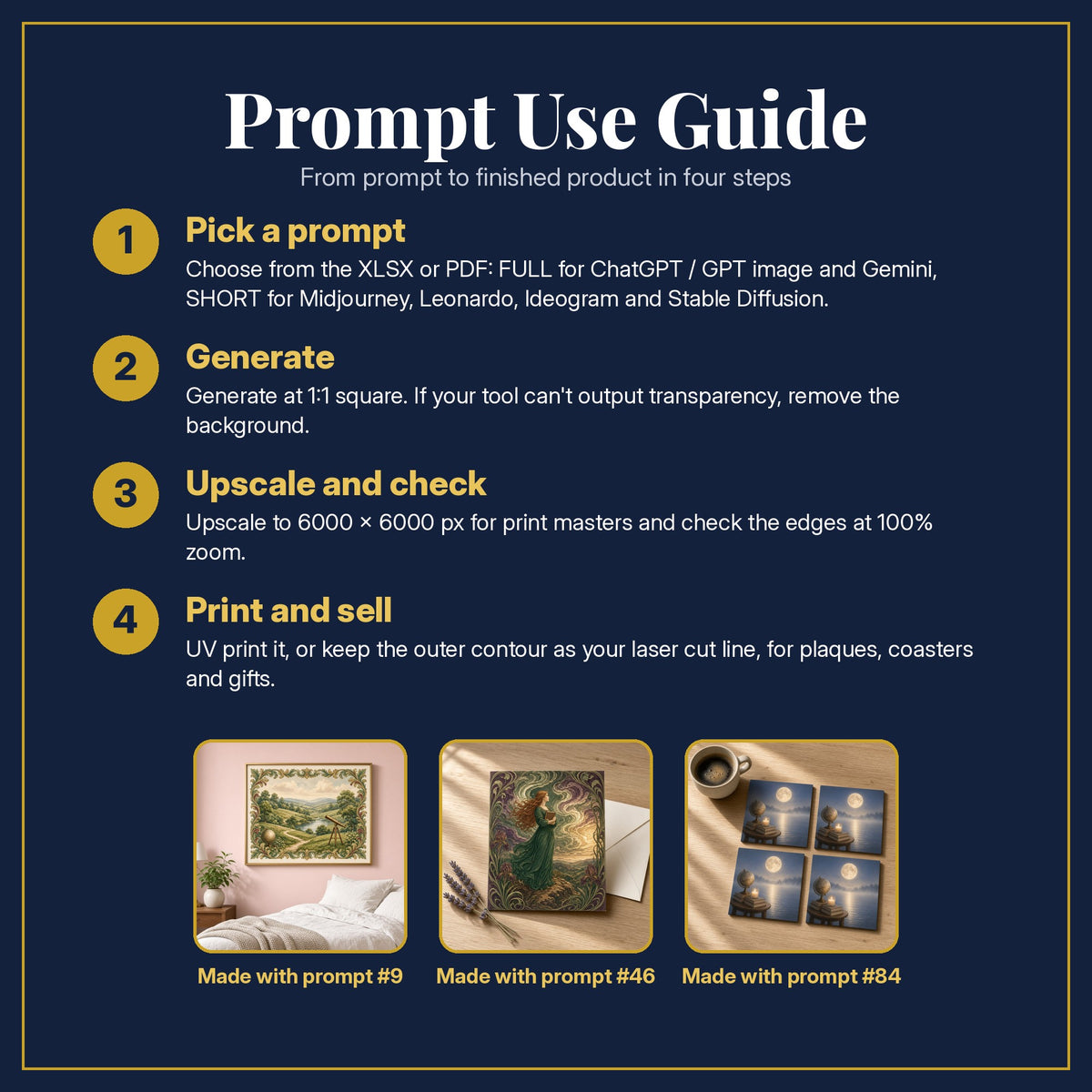 Prompt Use Guide for the Dark Academia, Luxury & Decorative Collection: pick a prompt, generate, upscale and check, print and sell, with sample products made with the pack's prompts