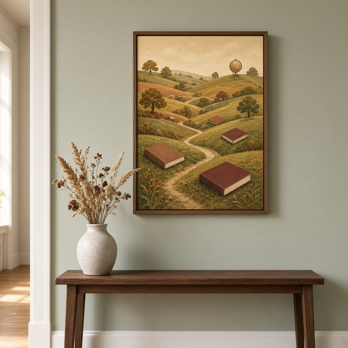 Textured artisan dark academia panorama of layered autumn hills with winding footpaths, giant plain leather books resting in the fields and an antique globe on a far hill printed flat on a framed print in a hallway, made with prompt #9