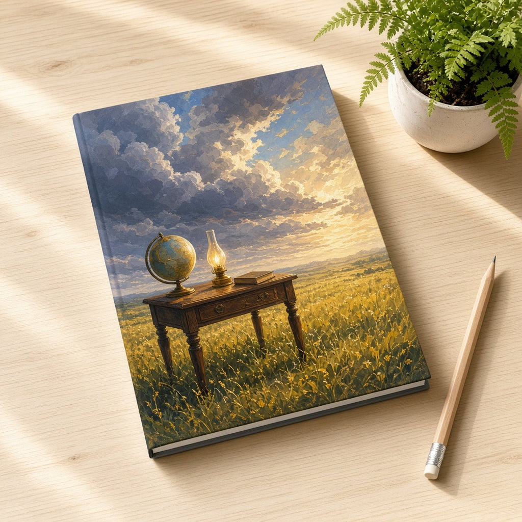 Oil-painting style storm of blue-grey and violet clouds over a sunlit golden meadow with an antique writing desk holding a globe, a glowing oil lamp and a book printed flat on a notebook cover, made with prompt #46