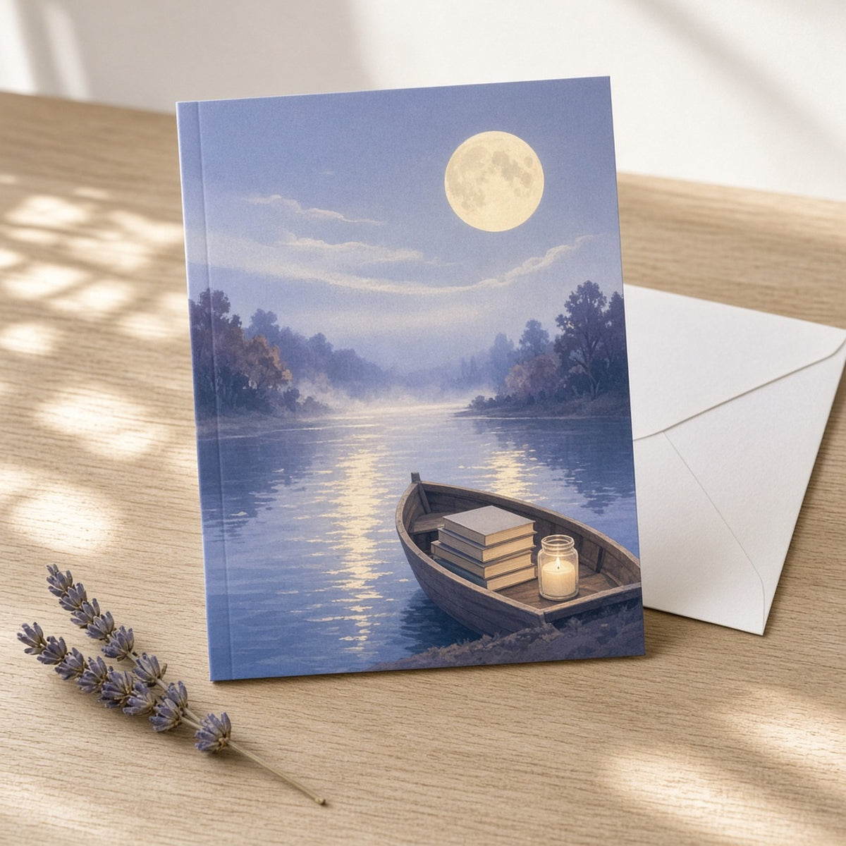 Moonlit misty river with a pale-gold full moon reflection and a wooden rowing boat holding plain books and a glowing candle jar printed flat on a greeting card, made with prompt #84