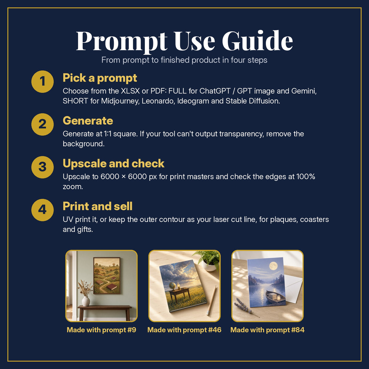 Prompt Use Guide for the Dark Academia, Painterly & Handmade Collection: pick a prompt, generate, upscale and check, print and sell, with sample products made with the pack's prompts
