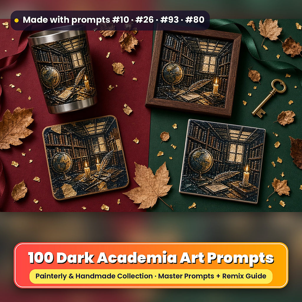 Dark Academia, Painterly & Handmade Collection: realistic UV-printed mockup, made with prompts #10 · #26 · #93 · #80