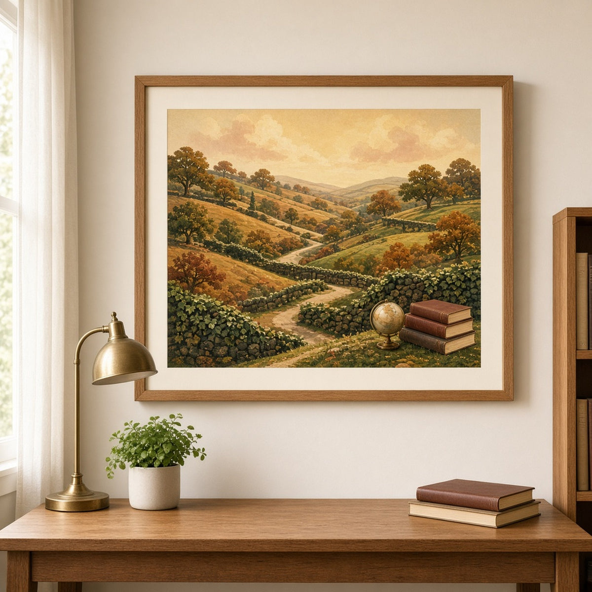 Vintage retro dark academia panorama of terraced autumn hillsides with winding lanes, ivy-covered stone walls, an antique globe and a stack of plain leather books under a golden sky printed flat on a framed print in a home study, made with prompt #9