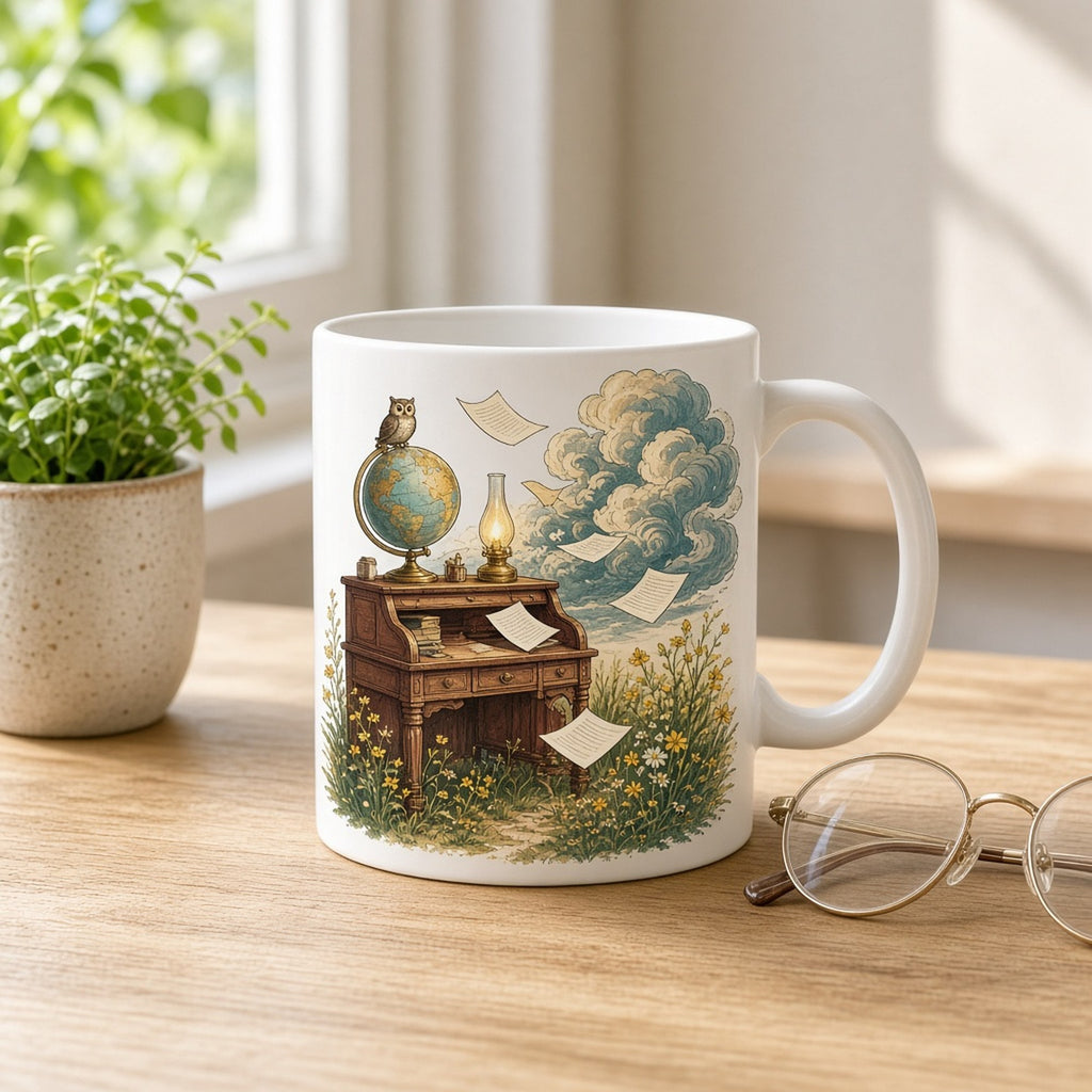 Playful whimsical antique writing desk on a sunny meadow with a brass globe, an owl and a glowing oil lamp as loose papers flutter and a swirly storm cloud rolls in printed flat on a mug, made with prompt #46