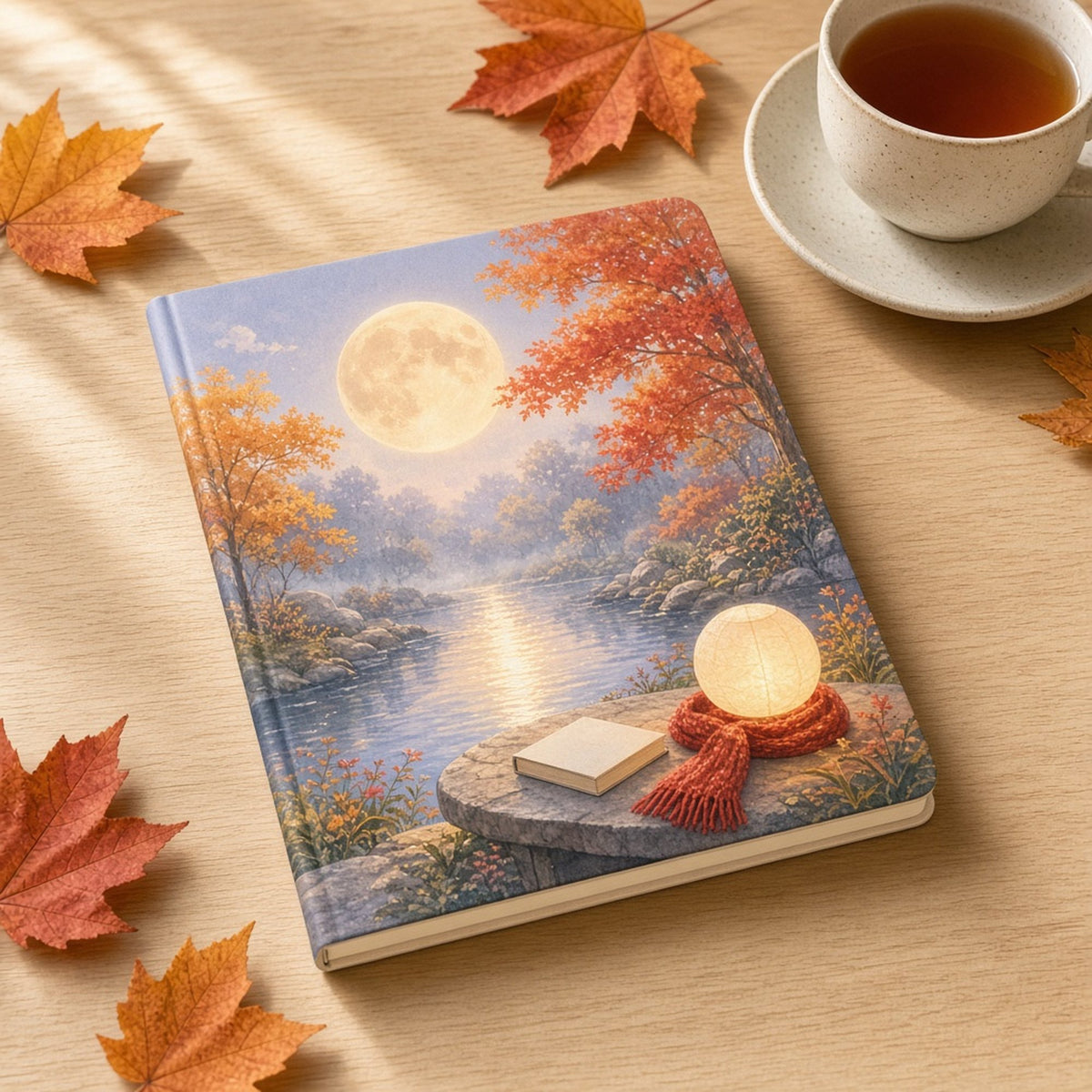 Autumn moonlit garden pond with a glowing full moon reflection, soft mist, coral maple trees and a stone bench with a plain book, a globe lamp and a red scarf printed flat on a notebook cover, made with prompt #84