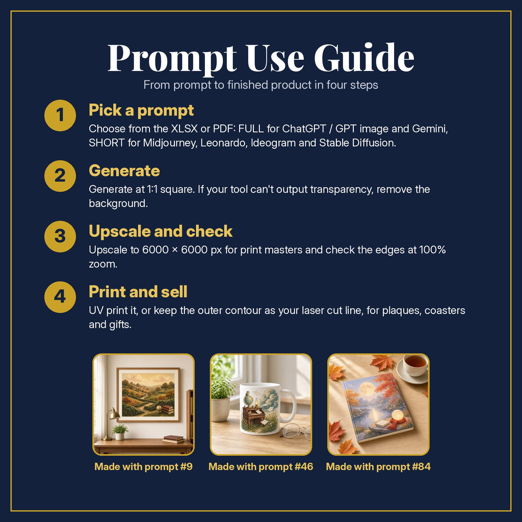 Prompt Use Guide for the Dark Academia, Vintage & Whimsical Collection: pick a prompt, generate, upscale and check, print and sell, with sample products made with the pack's prompts