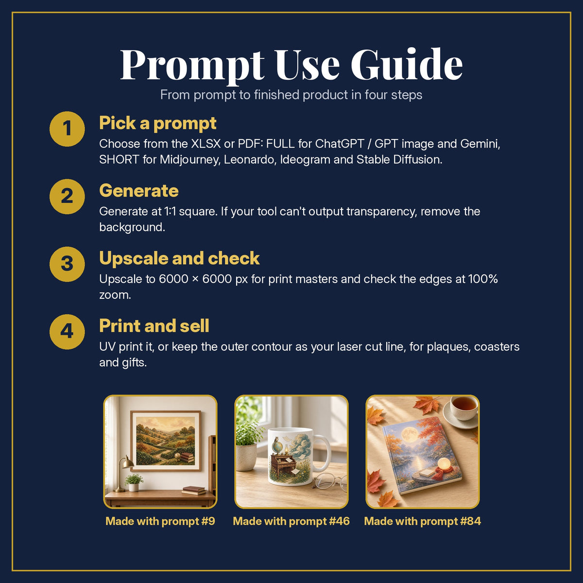 Prompt Use Guide for the Dark Academia, Vintage & Whimsical Collection: pick a prompt, generate, upscale and check, print and sell, with sample products made with the pack's prompts