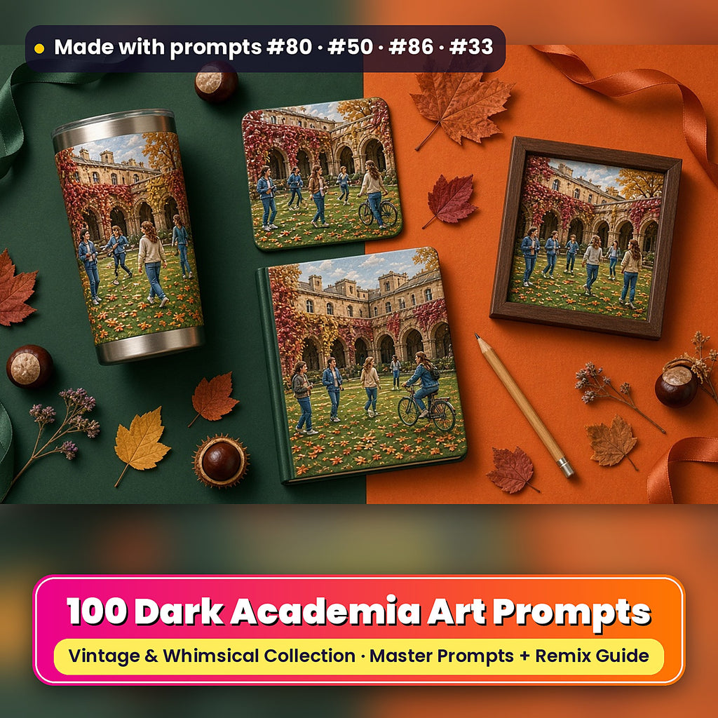Dark Academia, Vintage & Whimsical Collection: realistic UV-printed mockup, made with prompts #80 · #50 · #86 · #33