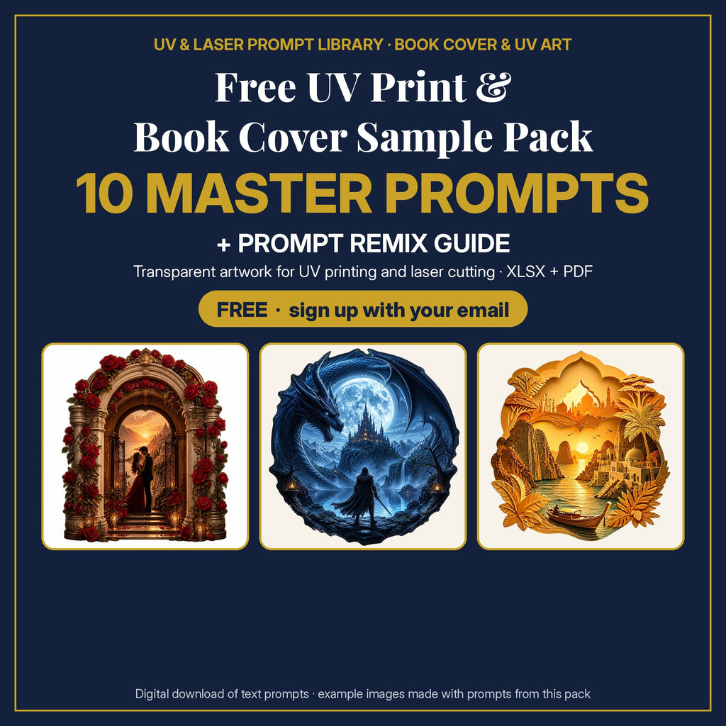 Free UV Print & Book Cover Sample Pack cover: 10 master prompts + Prompt Remix Guide, free with email sign-up, with example artwork made with prompts #1, #3 and #8 from this pack
