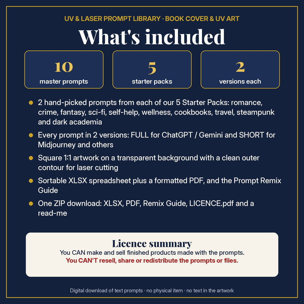 What's included in the Free UV Print & Book Cover Sample Pack: 10 master prompts from 5 starter packs, 2 versions each, XLSX and PDF files, Remix Guide and licence summary