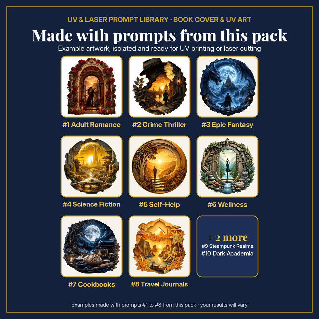 Example transparent artwork made with prompts #1 to #8 from this pack: romance, crime, epic fantasy, science fiction, self-help, wellness, cookbook and travel designs