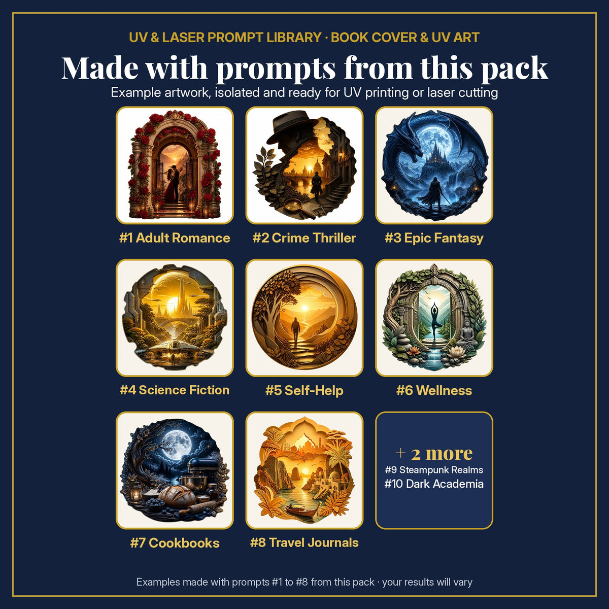 Example transparent artwork made with prompts #1 to #8 from this pack: romance, crime, epic fantasy, science fiction, self-help, wellness, cookbook and travel designs